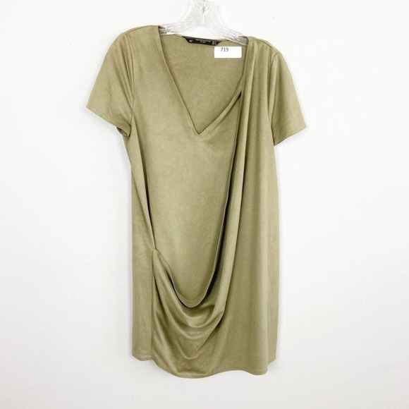 Zara Dresses & Skirts - Zara Faux Suede Drape Front Shift Dress Green M